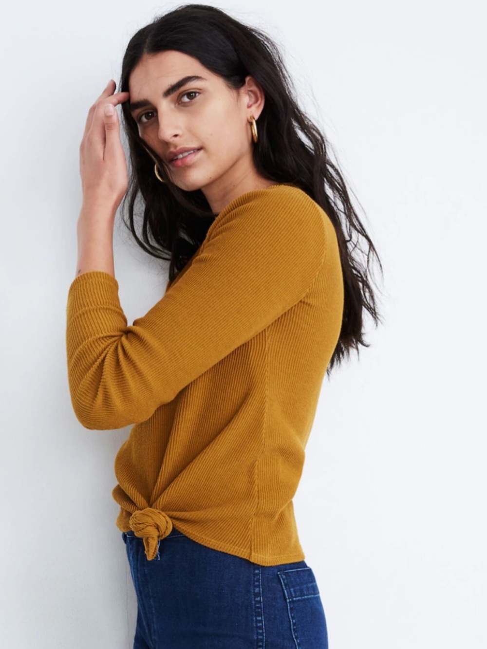 Madewell Mustard Ribbed Knit Top with Side Knot